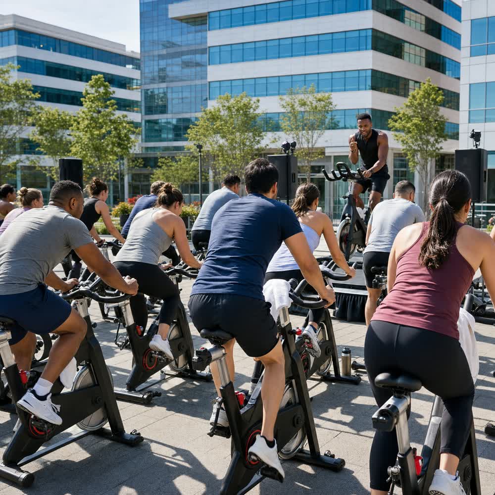 Sesión de spinning corporativo al aire libre junto a una oficina