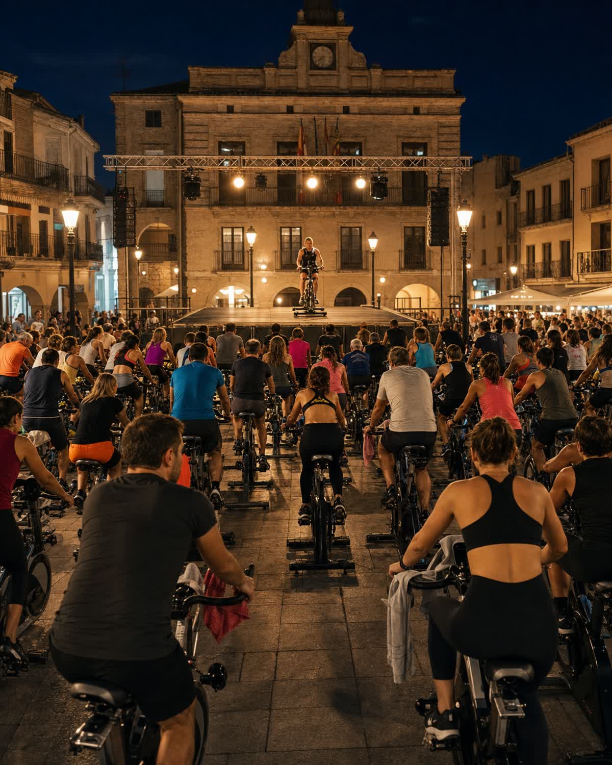 Evento de spinning de noche en la plaza de un pueblo, con el ayuntamiento iluminado al fondo